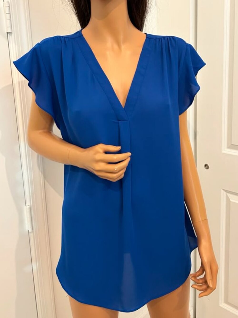Chaus Blue Georgette Blouse XL V Neck Flutter Sleeve Pleated Lightweight Top